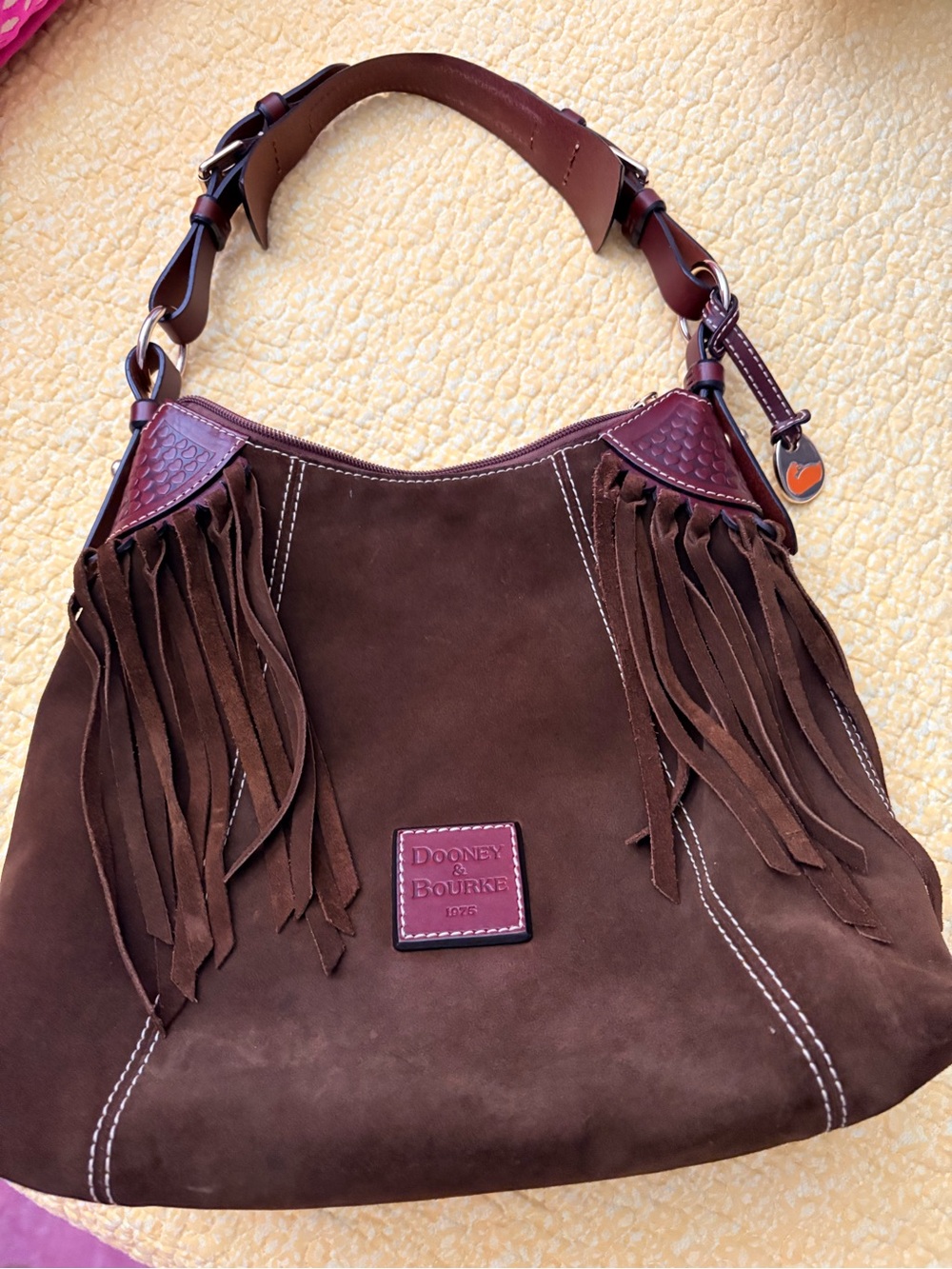 Y2K Dooney & Bourke Brown Suede Fringe Shoulder Bag with Burgundy Trim